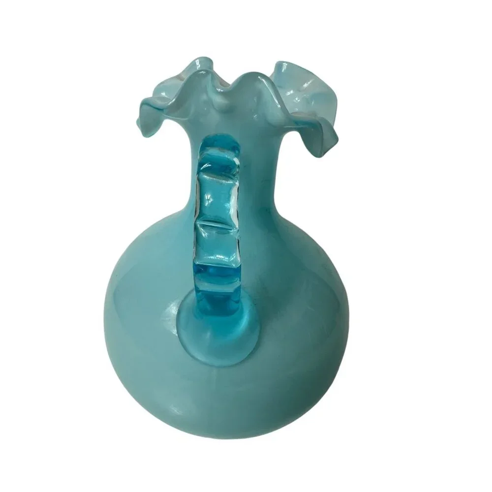 Ruffled Rim Pitcher Baby Blue Glass Handle Vintage